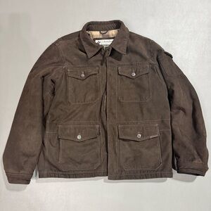 Columbia Brown Faux Suede Field Jacket XL Plaid Lined Coat